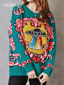 Frauen Neue Vintage Warme Verdicken Pullover UFO Wolken Jacquard Pullover Winter Herbst Gestrickte Retro Lose Tops Blusas C-012