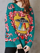 Frauen Neue Vintage Warme Verdicken Pullover UFO Wolken Jacquard Pullover Winter Herbst Gestrickte Retro Lose Tops Blusas C-012