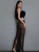 Ailigou 2022 New Women's Crop Top Dress Sexy Off Shoulder Feather Design Sequin Mesh Panel Bandage Two Piece Nightclub Party Set