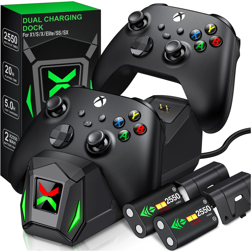 Base de carga tipo C para mando inalámbrico Xbox One/Xbox One S/X/Xbox Series X/S + 2 baterías recargables de 2550 mAh con cubiertas