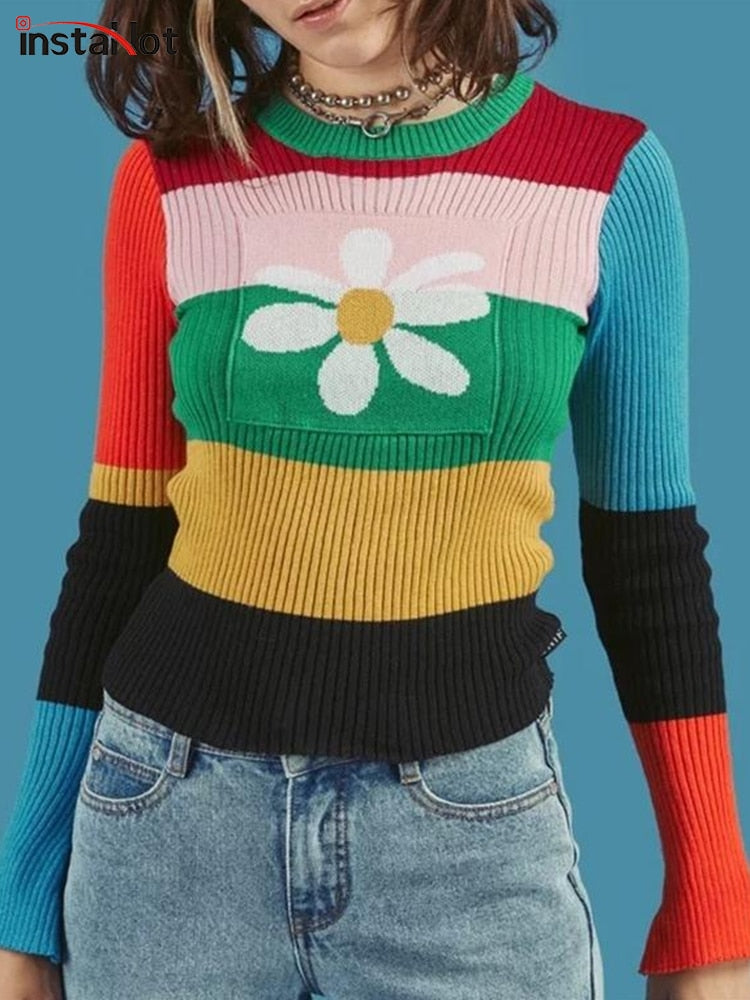 InstaHot Striped Rain Bow Knitted Sweater Women 2018 Autumn Flower O Neck Elastic Stretchy Sweater Cotton Tops Multicolor Winter