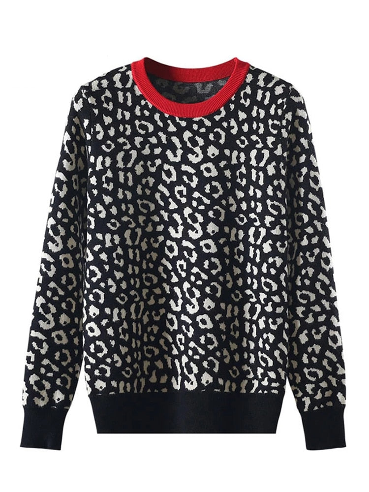 Herbst Winter Frauen Pullover Leopard Strickpullover Langarm Kontrastfarbe Rundhals Pullover Sweter Mujer C-026