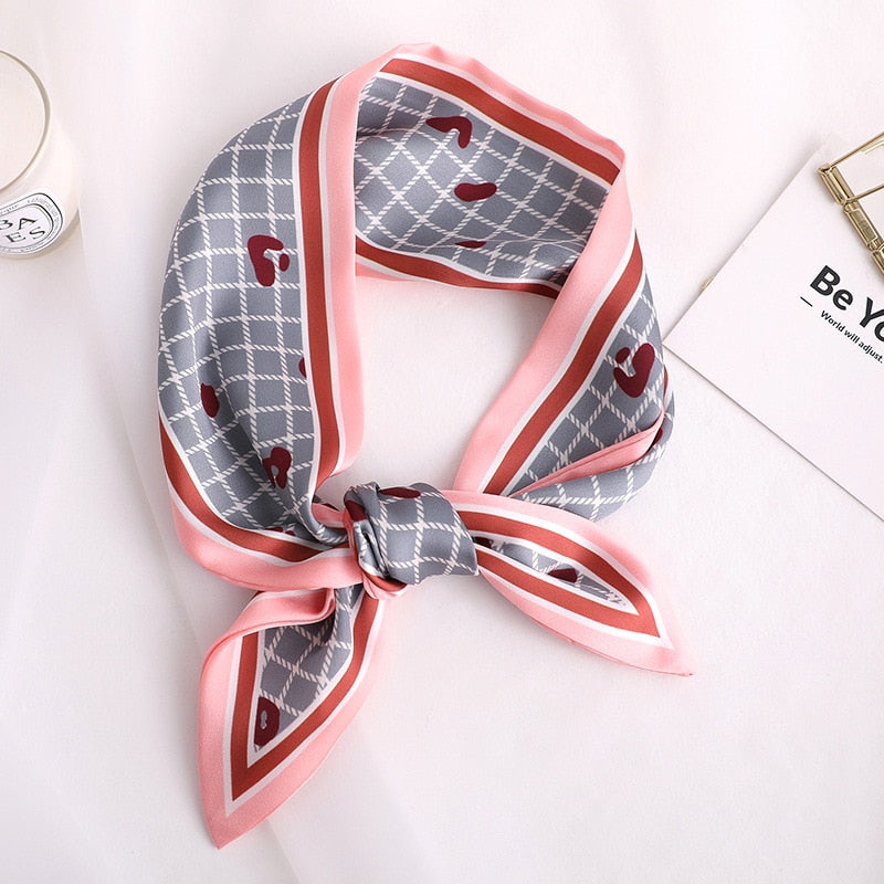 Sweet Love Print Women Small Silk Scarf Handle Bag Ribbons Female Head Scarves Sharp angle Green  90*10cm