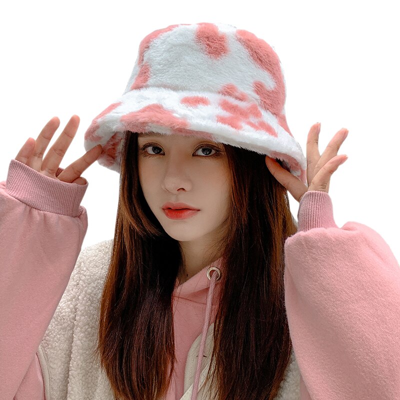 2021 New Fashion Korean Pink Cow Print Bucket Hat Faux Fur Winter Hats For Women Warm Plush Fisherman Caps