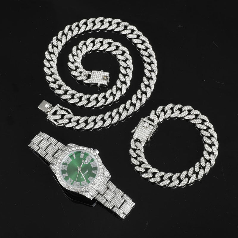 Hip Hop 13MM 3PCS KIT Uhr + Halskette + Armband Bling Kristall AAA + Iced Out Cuban Chain Strass Ketten für Damen Herren Schmuck