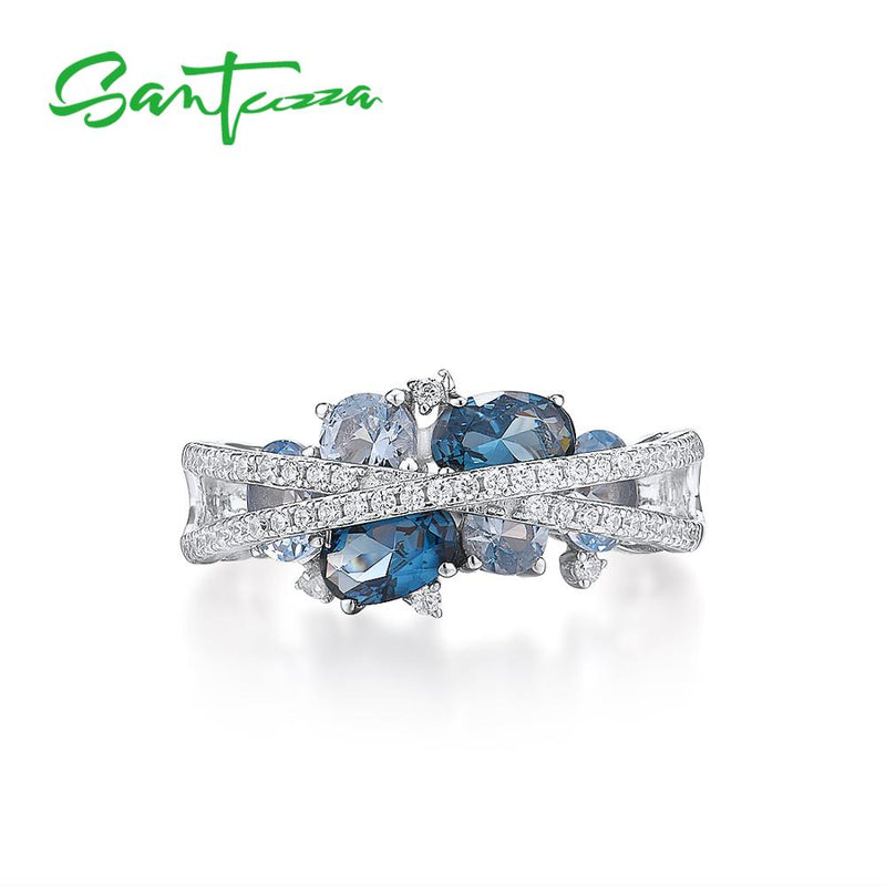 Anillos de plata SANTUZZA para mujer, Plata de Ley 925 auténtica, Zirconia cúbica de espinela azul brillante, joyería fina de lujo a la moda