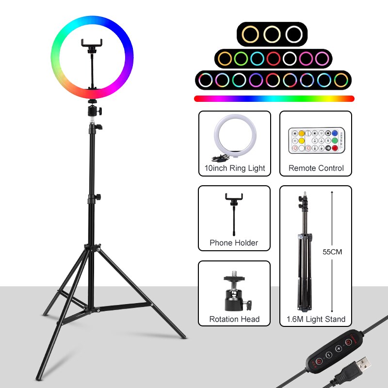 Anillo de luz regulable para Selfie, lámparas LED redondas, USB con soporte para teléfono, soporte de trípode de 1,6 M para Tiktok, luz de vídeo, maquillaje, conjunto de fotografía