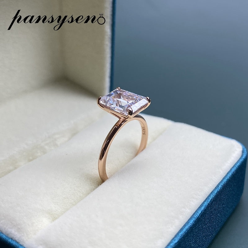 PANSYSEN Weiß/Gelb/Roségold Farbe Luxus 8x10MM Smaragdschliff AAA Zirkon Ringe für Frauen 100% 925 Sterling Silber Feiner Schmuck