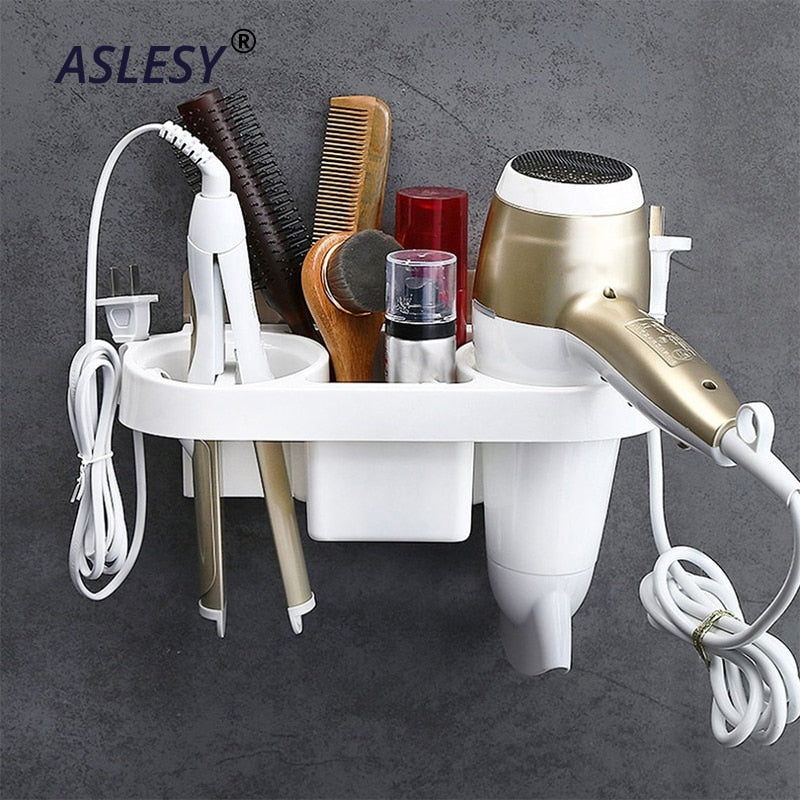 Multifunction Bathroom Storage Hair Dryer Holder Shower Organizer Self-adhesive Wall Mounted Plastic Shelf Shampoo Straightener