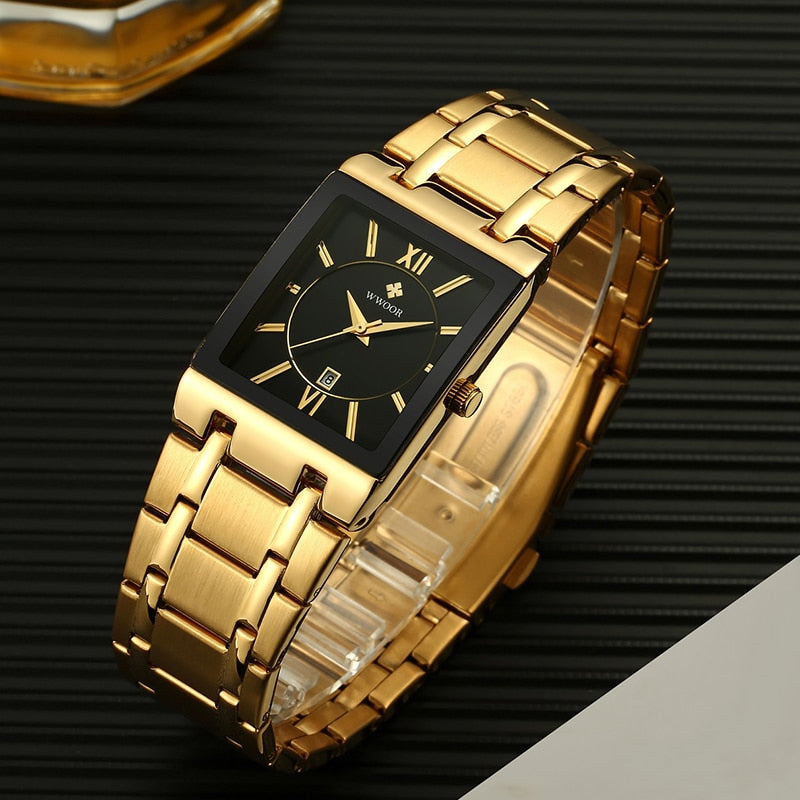 Reloj WWOOR para Hombre, Reloj de pulsera cuadrado dorado de lujo de marca superior para Hombre, correa de acero de cuarzo de negocios, Reloj resistente al agua para Hombre 2021