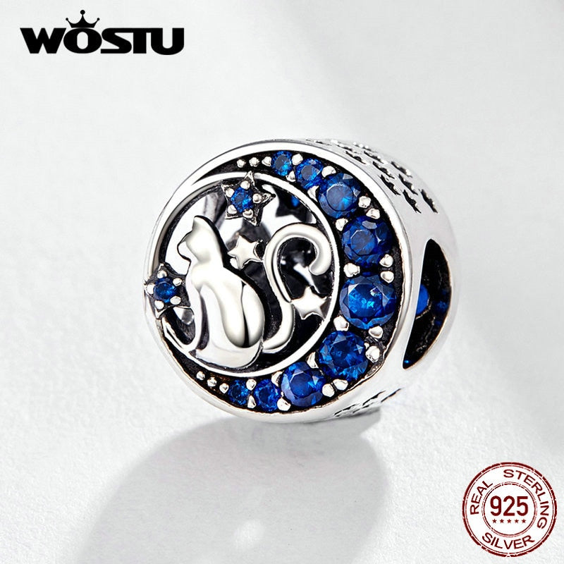 WOSTU Süße Katze Charms 925 Sterling Silber Tier Pussy Zirkonia Perlen passend für Original Armband Anhänger DIY Halskette Schmuck