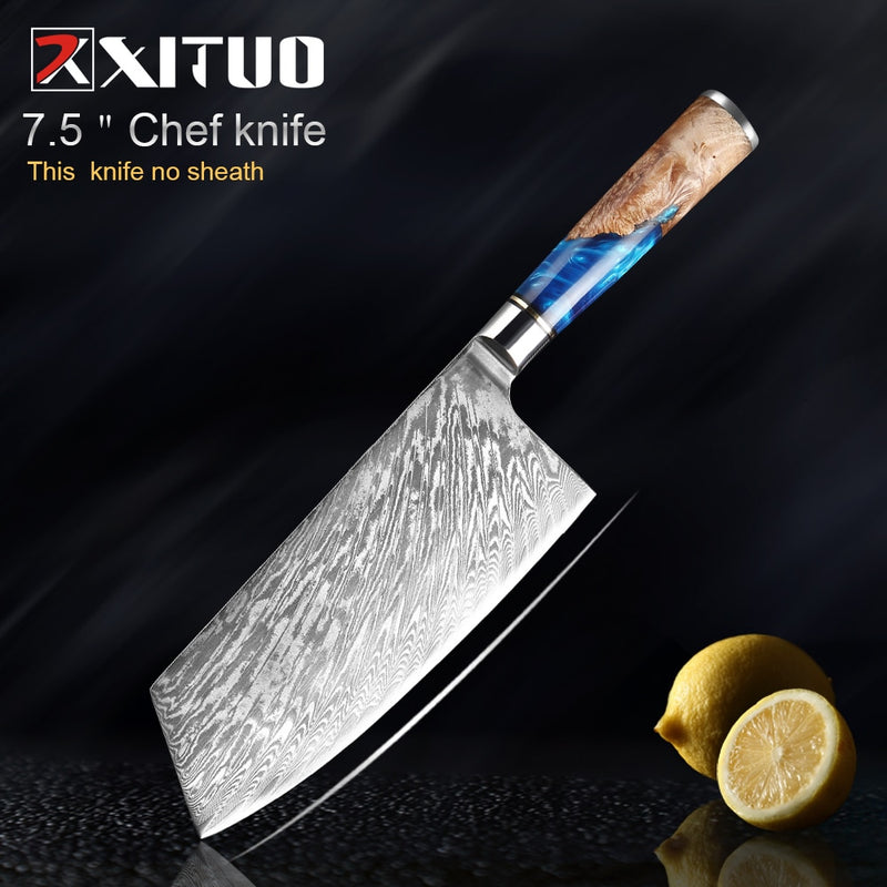 Juego de cuchillos de cocina XITUO, cuchillo de Chef de acero de Damasco, cuchillo de carnicero para pelar, cuchillo de pan, herramienta de cocina, mango de resina azul, 1-6 unids/set