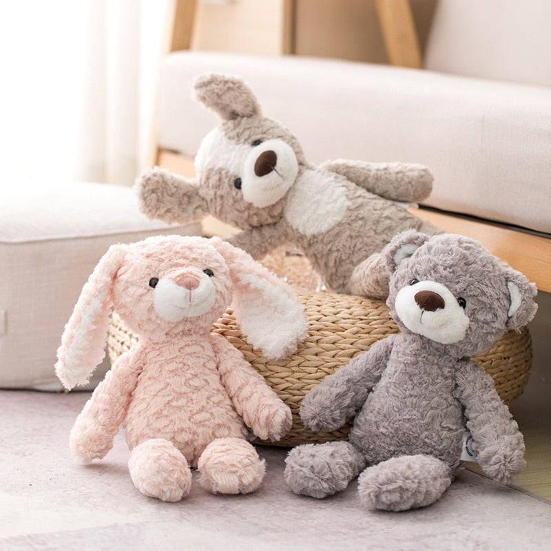 Super suave piernas largas bebé apaciguar juguete rosa conejito gris oso de peluche perro elefante unicornio animales de peluche muñeca juguetes para niños