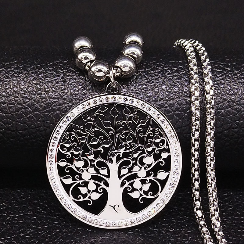 2022 Flower of Life Crystal Stainless Steel Chain Necklace Women Silver Color Bead Long Necklace Jewelry colgante mujer N129S02