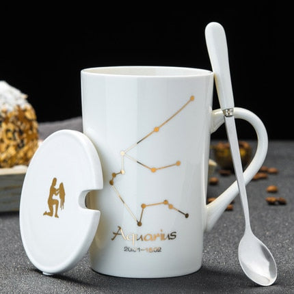 Tazas de cerámica con 12 constelaciones, tazas creativas con tapa de cuchara, taza negra de porcelana, taza de café con leche del zodiaco, regalo para parejas