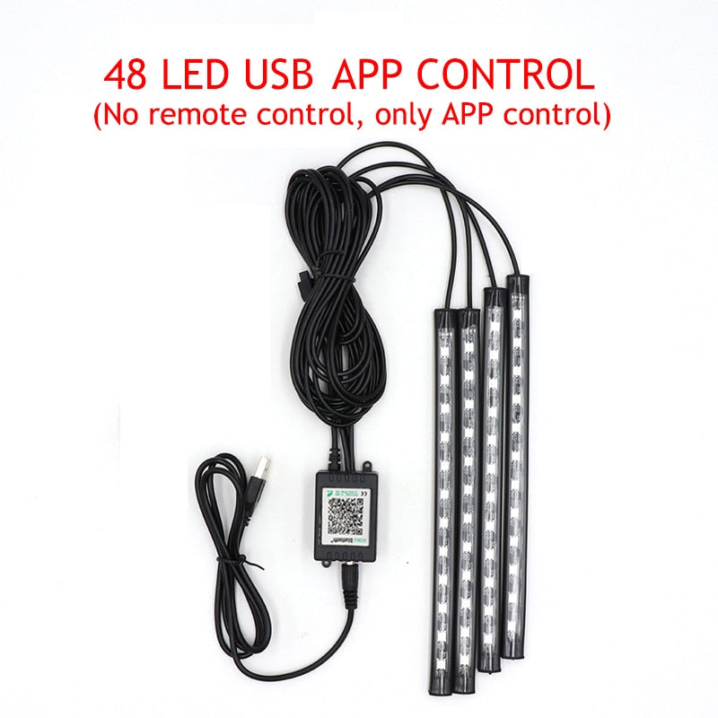 Luz LED para pie de coche, lámpara ambiental, aplicación USB, Control remoto de música, múltiples modos, luces decorativas interiores automotrices