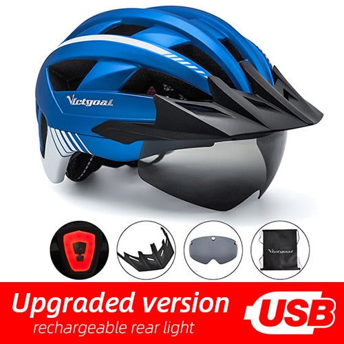 Victgoal Bicycle Helmet LED Moutain Road USB Rechargeable Light Cycling Helmet For Man Sun Visor Goggles Men MTB Bike Headgear