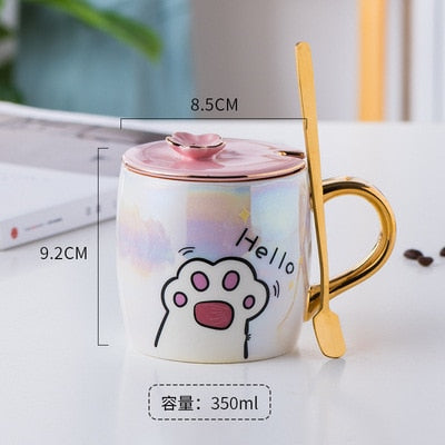 Cartoon Ceramics Cat Mug With Lid and Spoon Coffee Milk Mugs Cute Creative Breakfast Cup Valentine&