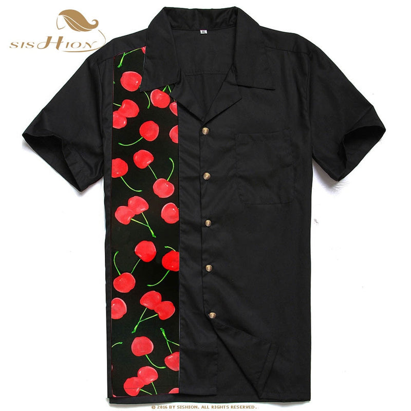 SISHION L-2XL  Men Shirt ST110 Short Sleeve Black Red Rockabilly Cotton Casual Bowling Shirts for Men camisa masculina
