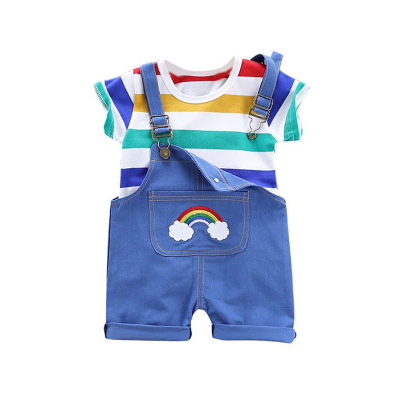 Conjunto de 2 unidades de ropa de verano para bebés, conjunto de ropa de dibujos animados para bebés y niñas, camiseta + pantalones con pechera, conjuntos de ropa para niños, chándal