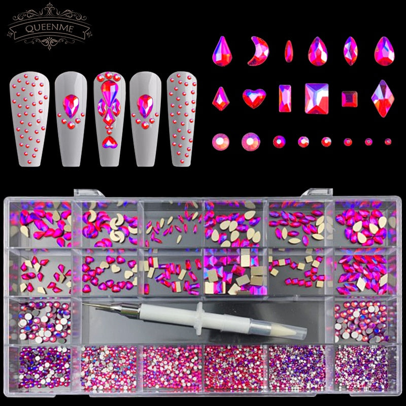 21 Grids Crystals Diamonds Nail Rhinestones Set 3100pcs FlatBack Rhinestones Kit Sparkling Nail Art With 1 Pen For Decorations