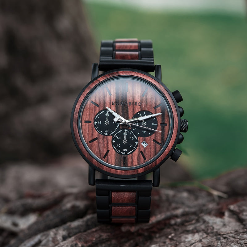 BOBO BIRD Reloj de madera Hombres Cronómetro Cronógrafo Lujo Elegante Fecha de exhibición Reloj de pulsera de cuarzo de madera Relojes masculinos en caja de regalo OEM