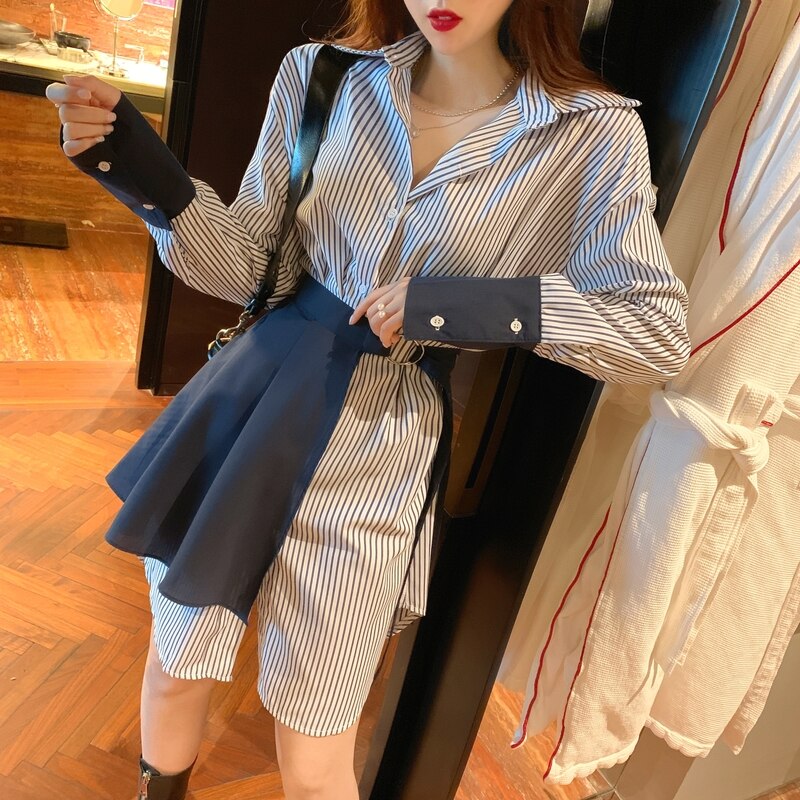 2020 Autumn Women Two Pieces Sets Stripe Long Sleeve Blouse Dress + Lace Up Mini Skirt Korean Fashion 2PCS Suit Womens Clothing