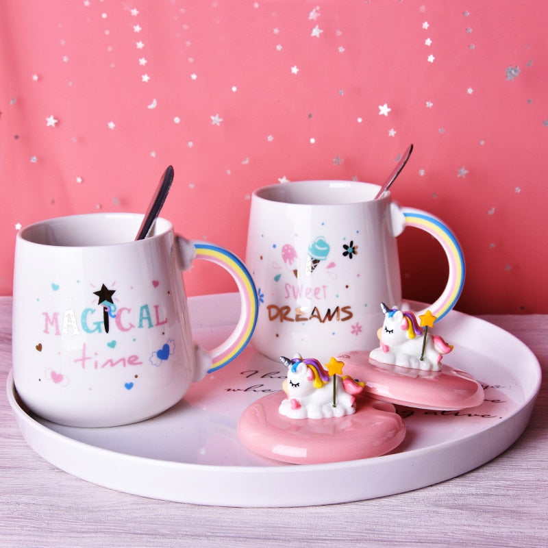 Bonita taza de café de unicornio con tapa 3D y cuchara, taza de agua de té de cerámica, regalo para mujeres y niñas, color blanco, 450 ml