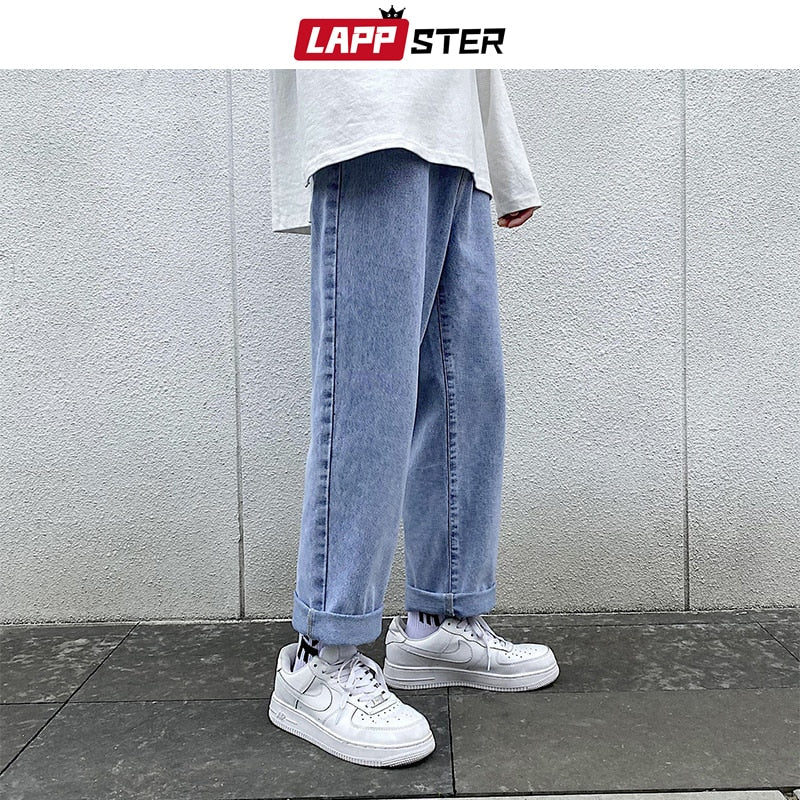 LAPPSTER Herren Graue Streetwear Baggy Jeans 2022 Herren Kpop Solid Denim Hose Paar Hohe Taille Vintage Übergroße Joggerhose