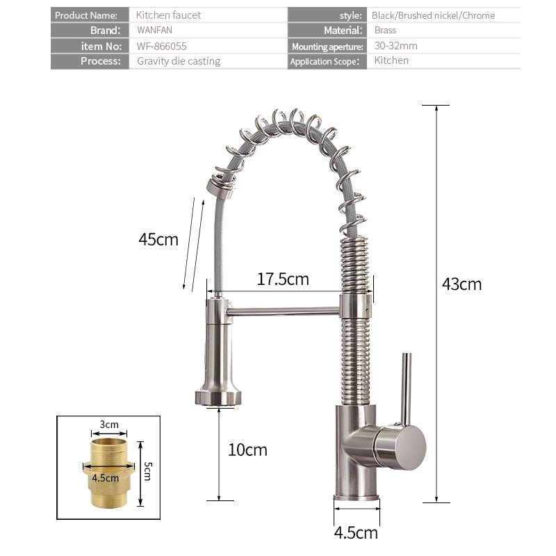 Grifos de cocina Cepillo Grifos de latón para fregadero de cocina Palanca única Extractor de resorte Caño Mezcladores Grifo Agua fría y caliente Grúa 866053R