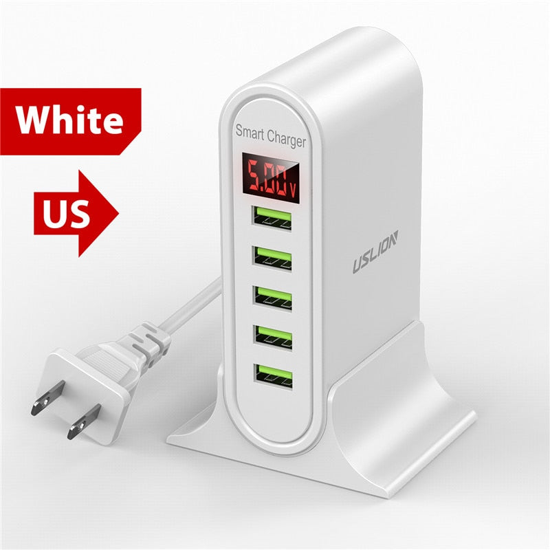 USLION 5-Port-USB-Ladegerät für Xiaomi LED-Display Multi-USB-Ladestation Universelles Telefon Desktop-Wand-Heim-EU-US-UK-Stecker