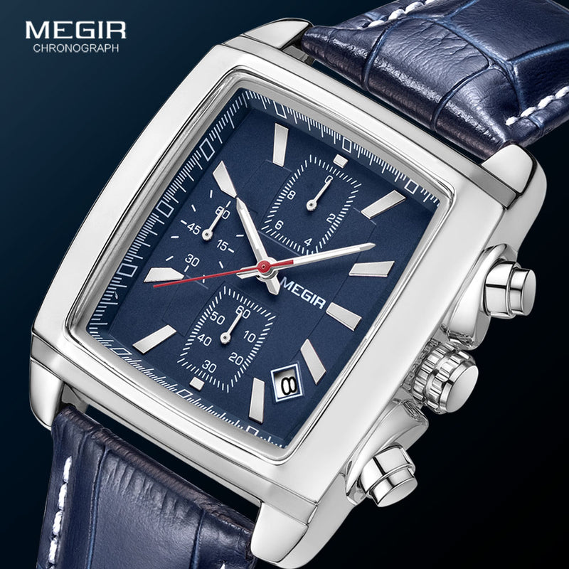 Megir Rechteck-Vorwahlknopf-Leder-Bügel-Uhr für Mann-beiläufigen blauen Chronographenquarzuhren Mann-Armbanduhr montre reloj Uhren