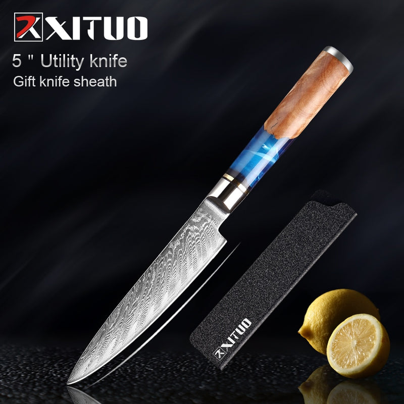 Juego de cuchillos de cocina XITUO, cuchillo de Chef de acero de Damasco, cuchillo de carnicero para pelar, cuchillo de pan, herramienta de cocina, mango de resina azul, 1-6 unids/set