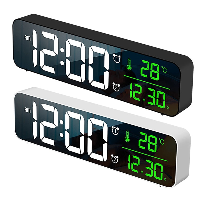 Despertadores digitales LED con Snooze Digital Temp Time Music Reloj dual con cargador USB Pantalla de dígitos grandes Atenuador de brillo