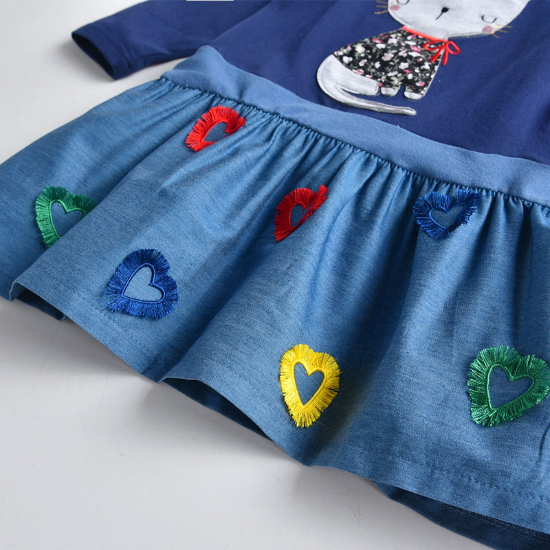 Vestido de algodón para niñas VIKITA, Vestidos con apliques de dibujos animados para niños, ropa informal para niños, Vestidos de retazos de manga larga para niñas