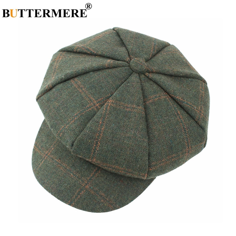 BUTTERMERE Women Wool Tweed Caps Newsboy Female Male Vintage Army Green Plaid Flat Caps Spring Painters Cabbie Duckbill Hat 2022