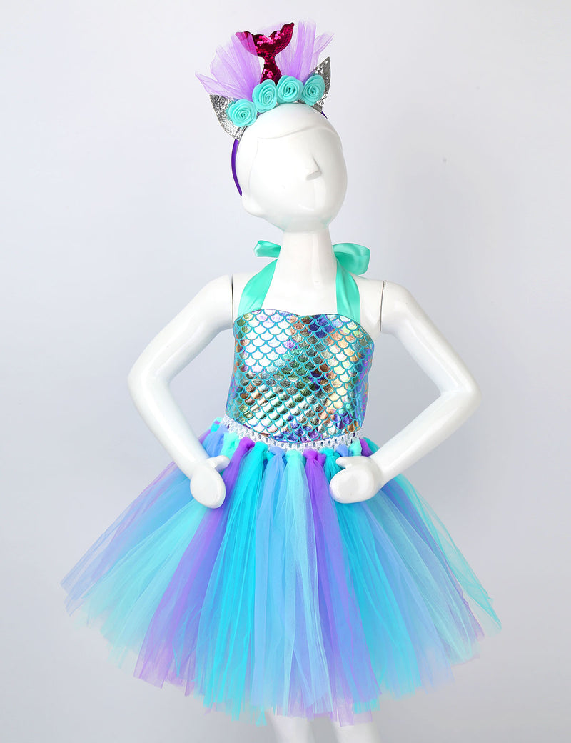 Kids Girls Mermaid Costume Outfit Halter Neck Fish Scales Printed Mesh Tutu Dress with Hair Hoop for Halloween Carnival Cosplay