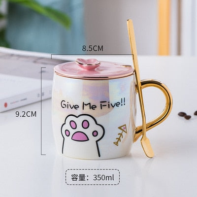 Taza de gato de cerámica de dibujos animados con tapa y cuchara, tazas de leche de café, taza de desayuno creativa bonita, regalo de cumpleaños de boda para el Día de San Valentín