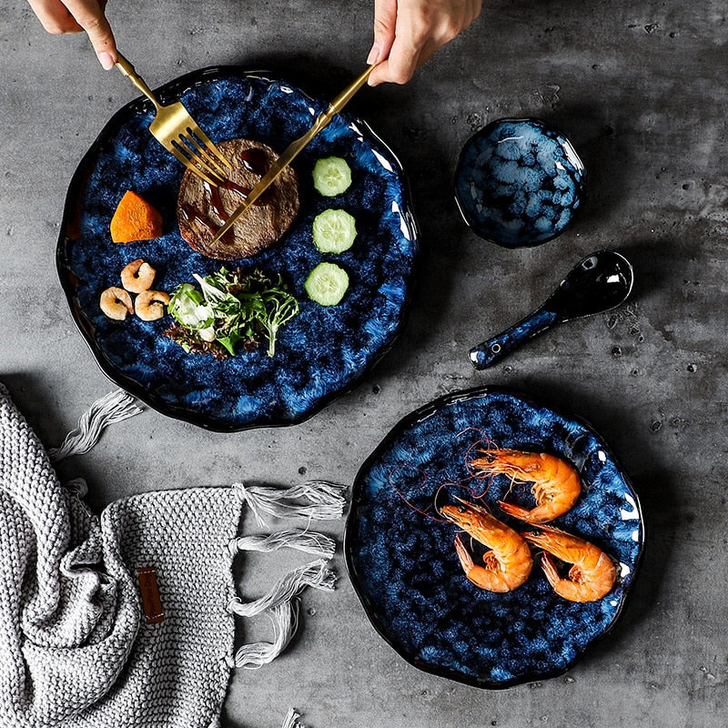 Keramik-Teller und Schalen, blaues Geschirr, kreatives japanisches Retro-Ofen, verändertes Geschirr, Geschirr-Set, Teller, Platos De Cena