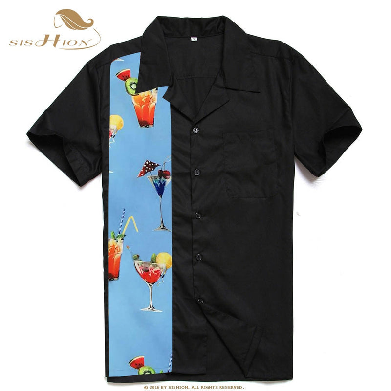SISHION L-2XL  Men Shirt ST110 Short Sleeve Black Red Rockabilly Cotton Casual Bowling Shirts for Men camisa masculina