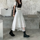 Black Gothic Lace Stitching Irregular Pleated Skirt Women White Vintage High Waist Long Skirt Korean Solid Hip Hop Streetwear
