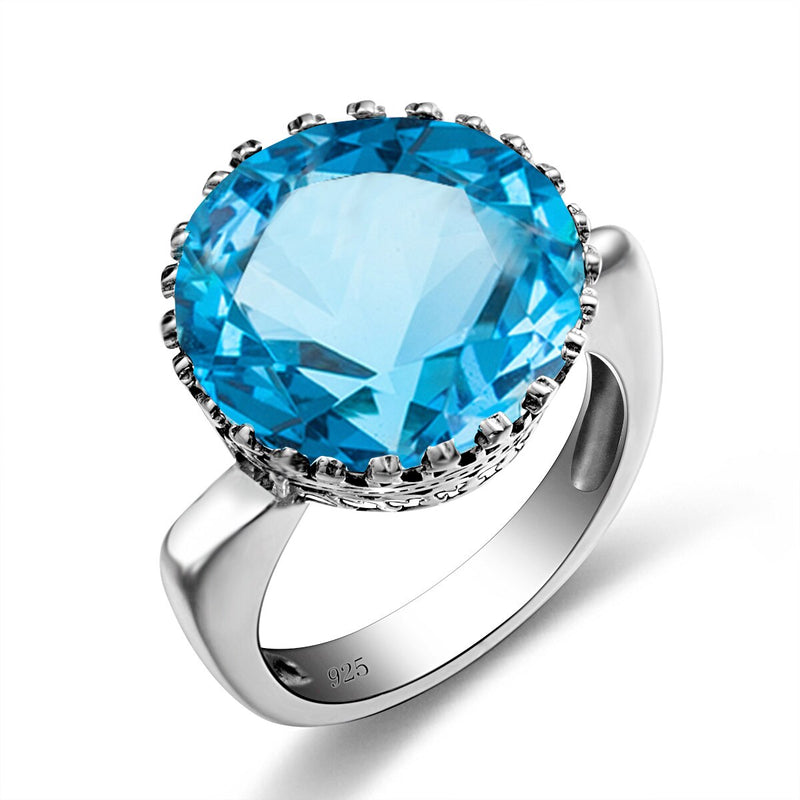 Szjinao Vintage 100% 925 Sterling Silver 15ct Round Created Aquamarine Ring For Women Famous Branded Handmade Fine Jewelery 2021