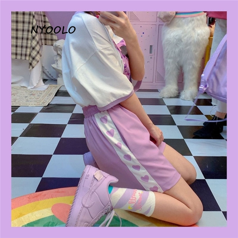 NYOOLO Harajuku style Love heart print patchwork high waist shorts women 2020 summer elastic waist Drawstring sweet girls shorts