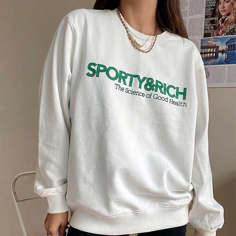 Calelinka American Vintage Style Letters Print White 80s 90s Women Pullover Round Neck Cotton Loose Sprot Lover Sweatshirts