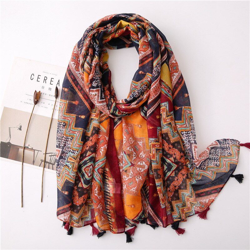 2020 fashion spring summer geometry printing cotton scarf with tassel fashion wraps shawls sunscreen beach hijabs wholesale