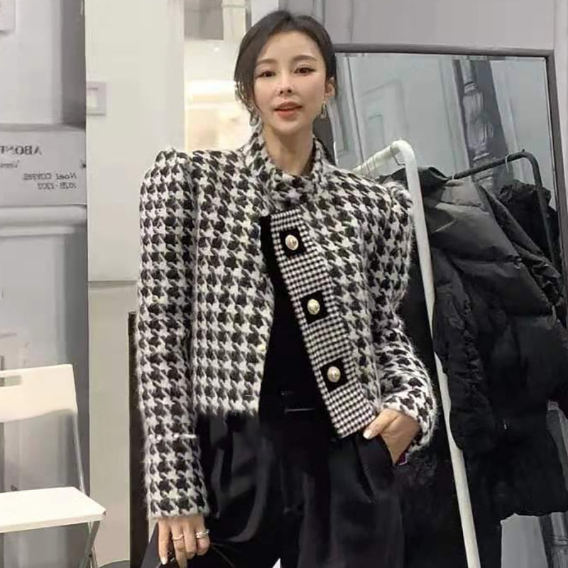 Luxury Brand Tweed Thousand Bird Lattice Coat Ladies Elegant 2021 Fall Winter New Fashion Leisure Short Woolen Jacket Female