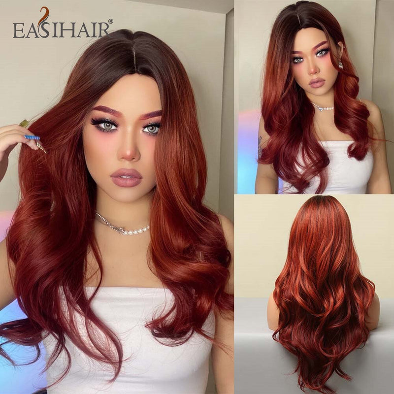 Pelucas EASIHAIR de color marrón claro con ondas de cuerpo largo y reflejos rubios, pelucas de pelo sintético resistentes al calor para Cosplay de parte media para mujeres