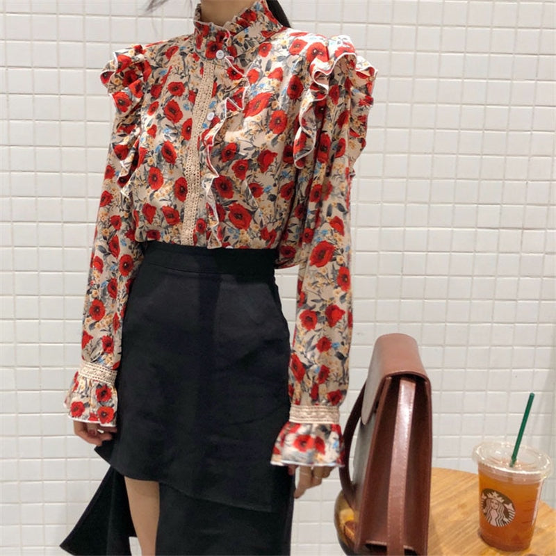 Alien Kitty Pleated Florals Stand Feminine Hollow Out Chic 2020 All-Match Sweet Flare Sleeves Women Loose Office Lady Blouses