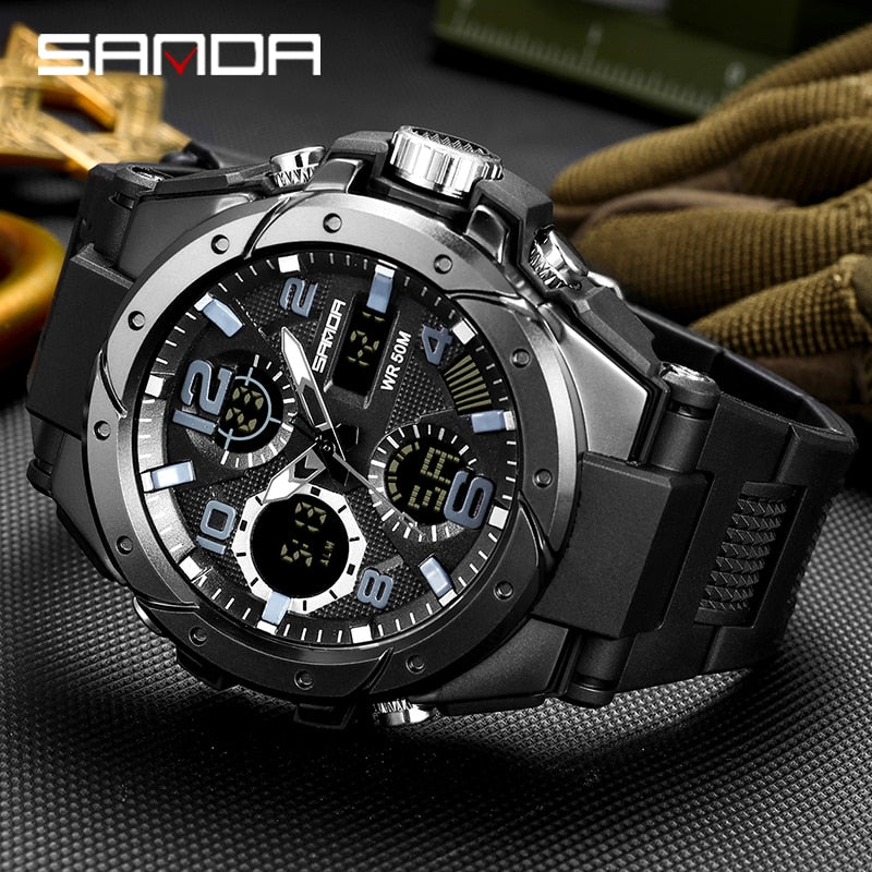 SANDA Marke Herrenuhr Military Outdoor Sports Wasserdichte Uhren Dual Display Quarz LED Digitaluhr Relogio Masculino