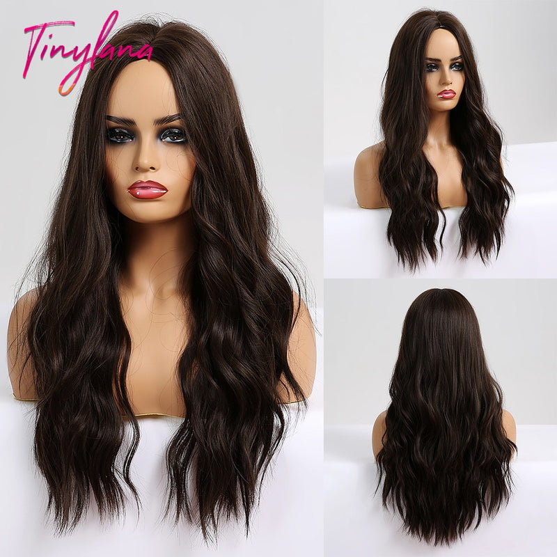 TINY LANA sintético largo Ombre pelucas onduladas marrón Rubio parte media pelucas de Cosplay con flequillo para mujeres pelucas de pelo largo pelo falso